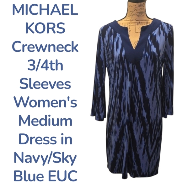 MICHAEL KORS Blue Patterned Split Neckline 3/4 Sleeve Dress Women's Medium EUC - Picture 1 of 9